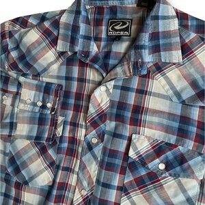 Vintage Roper Pearl Snap Shirt Mens Large Blue Red Plaid Western Rodeo Cowboy